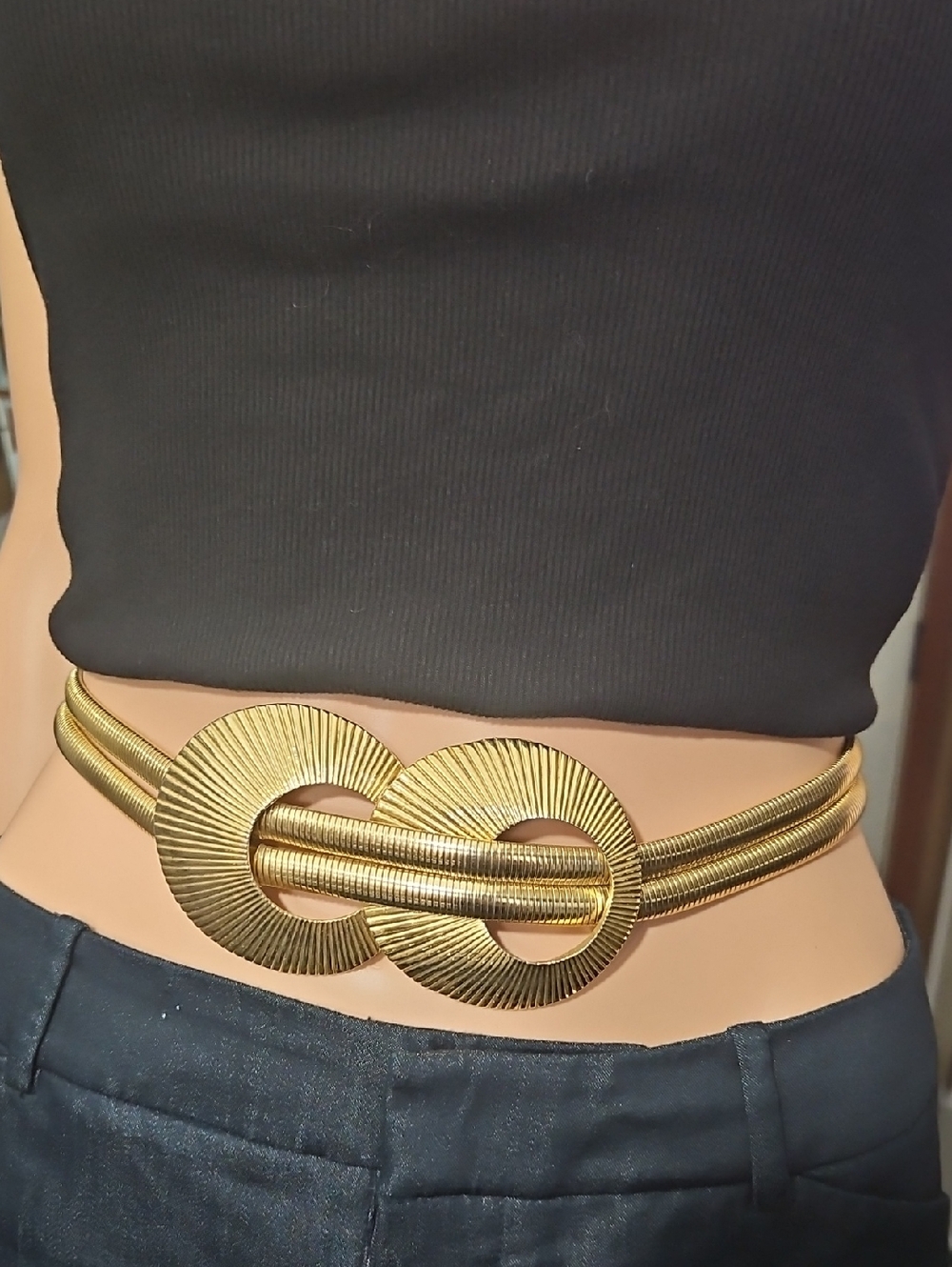 Source Unknown Gold Double Ring Textured Waist Belt